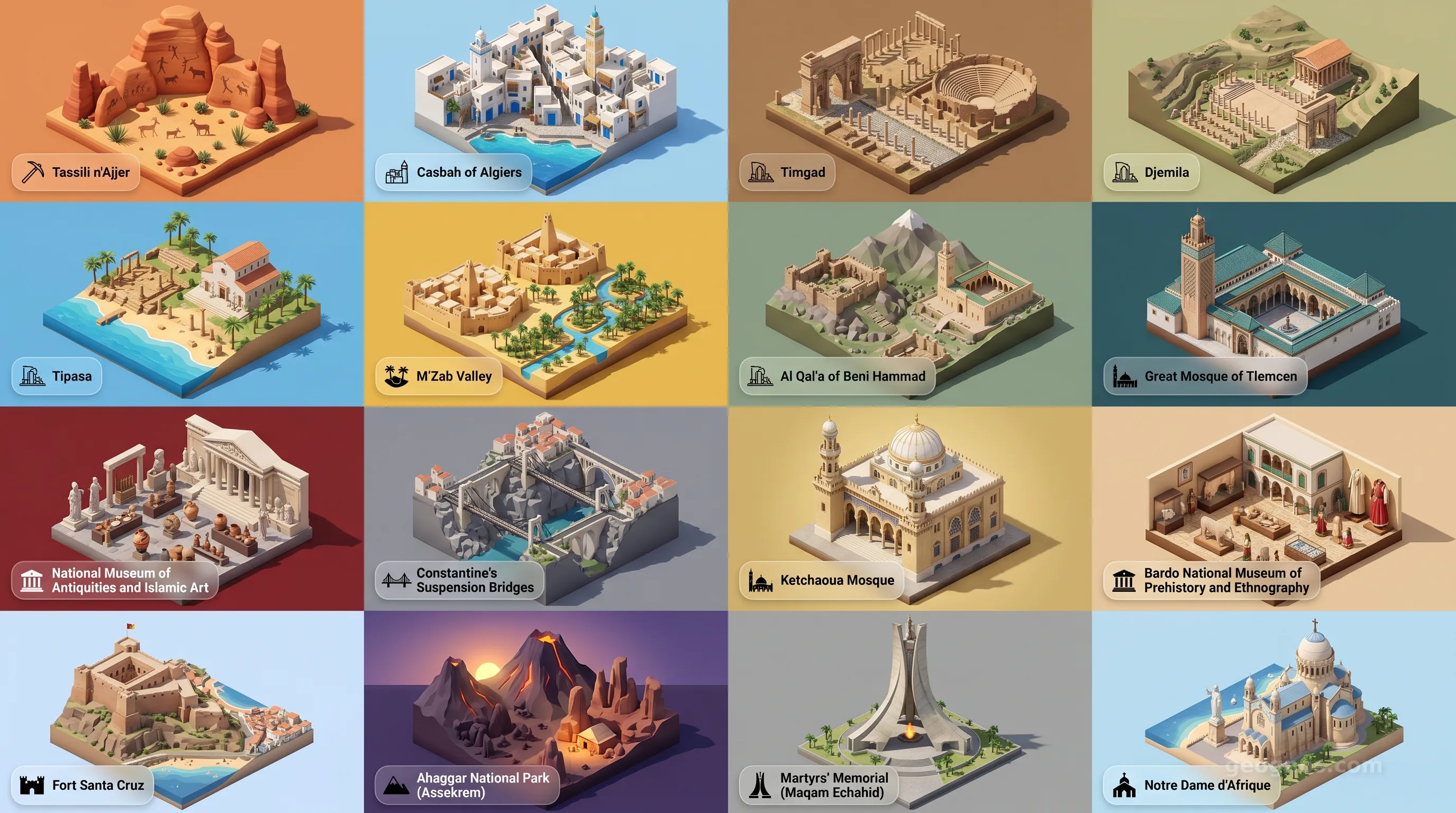 Algeria - Panoramic Places of Interest Atlas including Tassili n'Ajjer, Casbah of Algiers, Timgad, Djemila, Tipasa, M'Zab Valley, Al Qal'a of Beni Hammad, Great Mosque of Tlemcen, National Museum of Antiquities and Islamic Art, Constantine's Suspension Bridges, Ketchaoua Mosque, Bardo National Museum of Prehistory and Ethnography, Fort Santa Cruz, Ahaggar National Park (Assekrem), Martyrs' Memorial (Maqam Echahid), Notre Dame d'Afrique