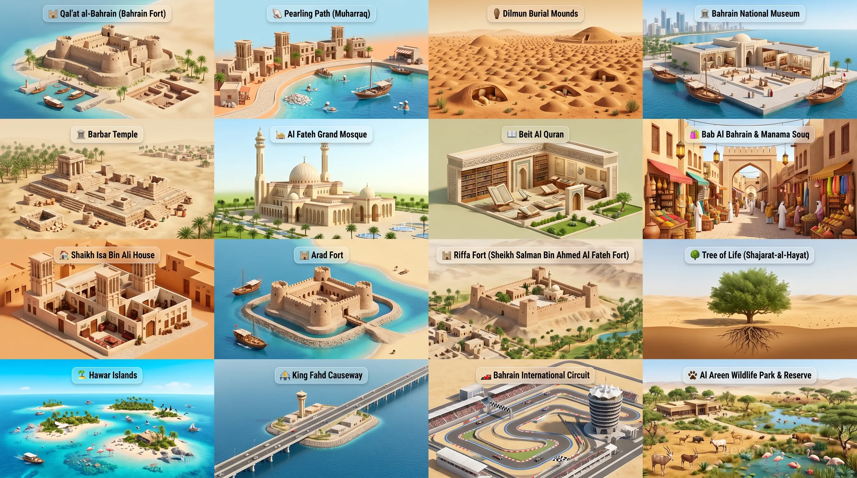 Bahrain - Panoramic Places of Interest Atlas including Qal'at al-Bahrain (Bahrain Fort), Pearling Path (Muharraq), Dilmun Burial Mounds, Bahrain National Museum, Barbar Temple, Al Fateh Grand Mosque, Beit Al Quran, Bab Al Bahrain & Manama Souq, Shaikh Isa Bin Ali House, Arad Fort, Riffa Fort (Sheikh Salman Bin Ahmed Al Fateh Fort), Tree of Life (Shajarat-al-Hayat), Hawar Islands, King Fahd Causeway, Bahrain International Circuit, Al Areen Wildlife Park & Reserve