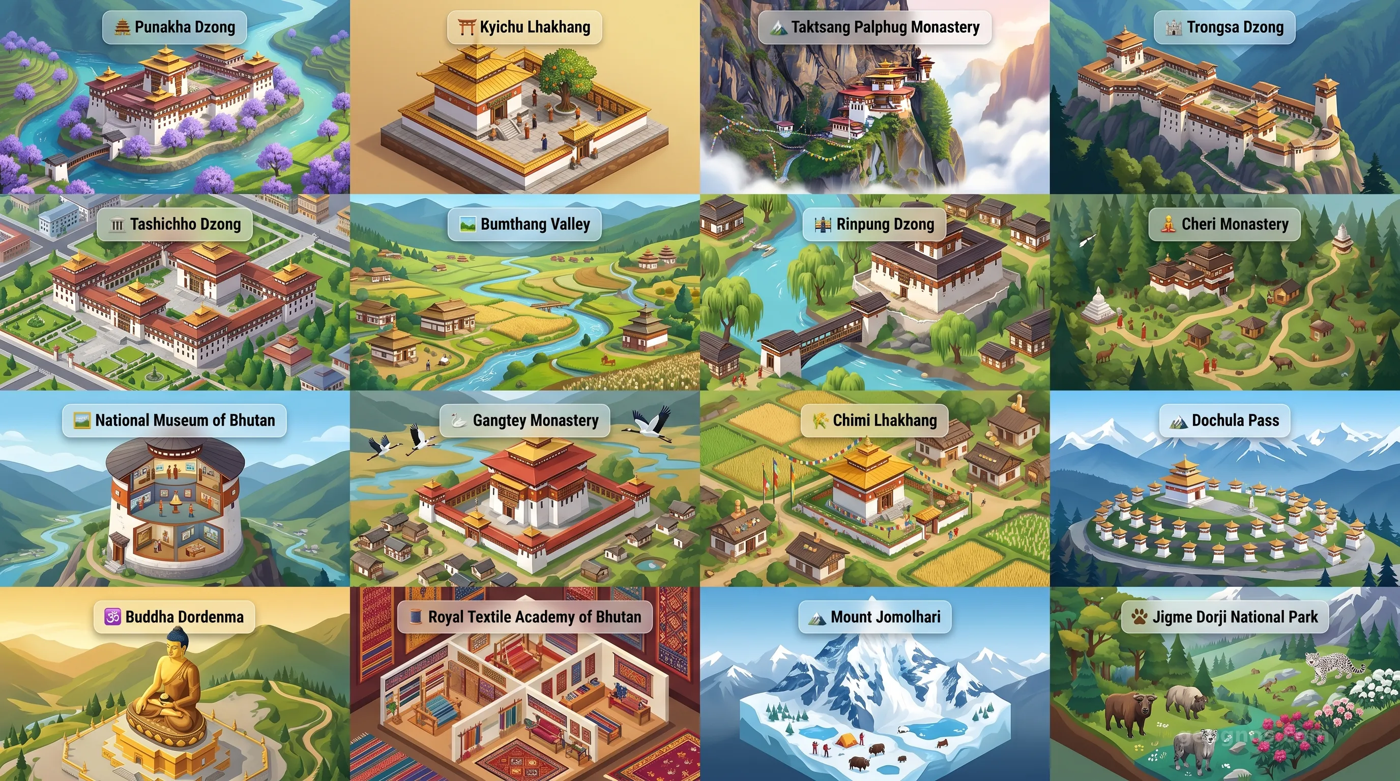 Bhutan - Panoramic Places of Interest Atlas including Punakha Dzong, Kyichu Lhakhang, Taktsang Palphug Monastery, Trongsa Dzong, Tashichho Dzong, Bumthang Valley, Rinpung Dzong, Cheri Monastery, National Museum of Bhutan, Gangtey Monastery, Chimi Lhakhang, Dochula Pass, Buddha Dordenma, Royal Textile Academy of Bhutan, Mount Jomolhari, Jigme Dorji National Park