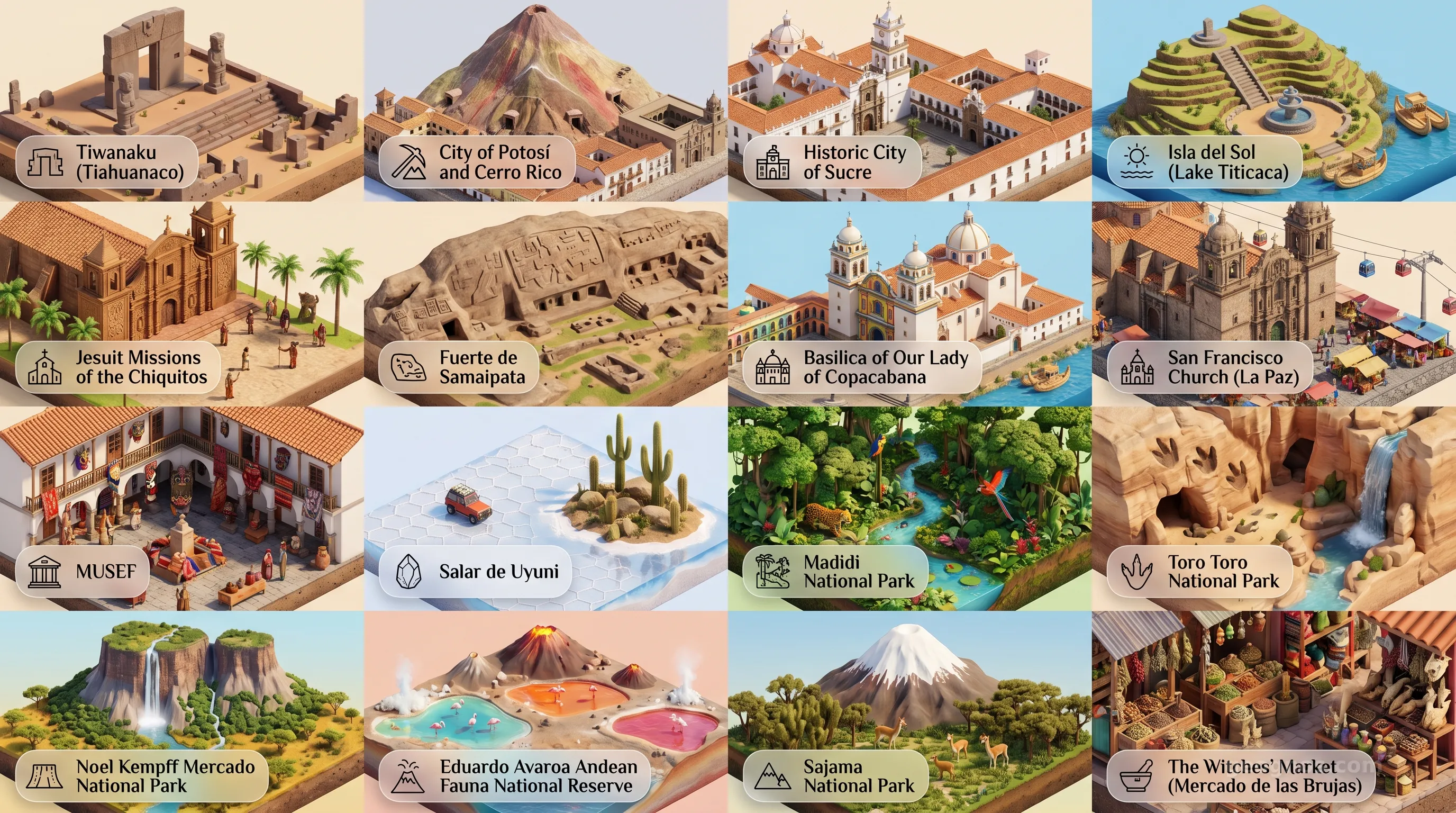 Bolivia - Panoramic Places of Interest Atlas including Tiwanaku (Tiahuanaco), City of Potosí and Cerro Rico, Historic City of Sucre, Isla del Sol (Lake Titicaca), Jesuit Missions of the Chiquitos, Fuerte de Samaipata, Basilica of Our Lady of Copacabana, San Francisco Church (La Paz), National Museum of Ethnography and Folklore (MUSEF), Salar de Uyuni, Madidi National Park, Toro Toro National Park, Noel Kempff Mercado National Park, Eduardo Avaroa Andean Fauna National Reserve, Sajama National Park, The Witches' Market (Mercado de las Brujas)