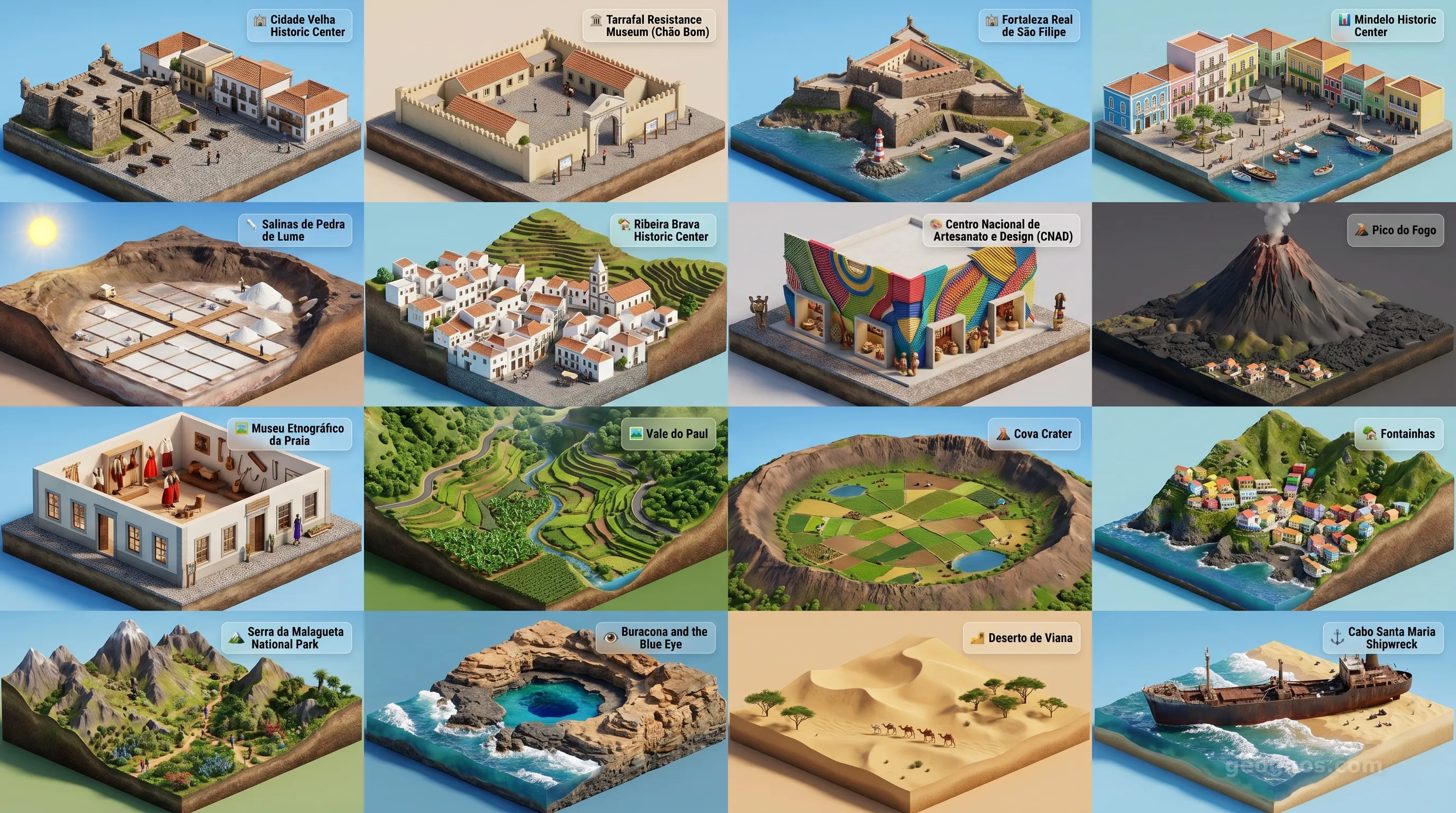 Cabo Verde - Panoramic Places of Interest Atlas including Cidade Velha Historic Center, Tarrafal Resistance Museum (Chão Bom), Fortaleza Real de São Filipe, Mindelo Historic Center, Salinas de Pedra de Lume, Ribeira Brava Historic Center, Centro Nacional de Artesanato e Design (CNAD), Pico do Fogo, Museu Etnográfico da Praia, Vale do Paul, Cova Crater, Fontainhas, Serra da Malagueta National Park, Buracona and the Blue Eye, Deserto de Viana, Cabo Santa Maria Shipwreck