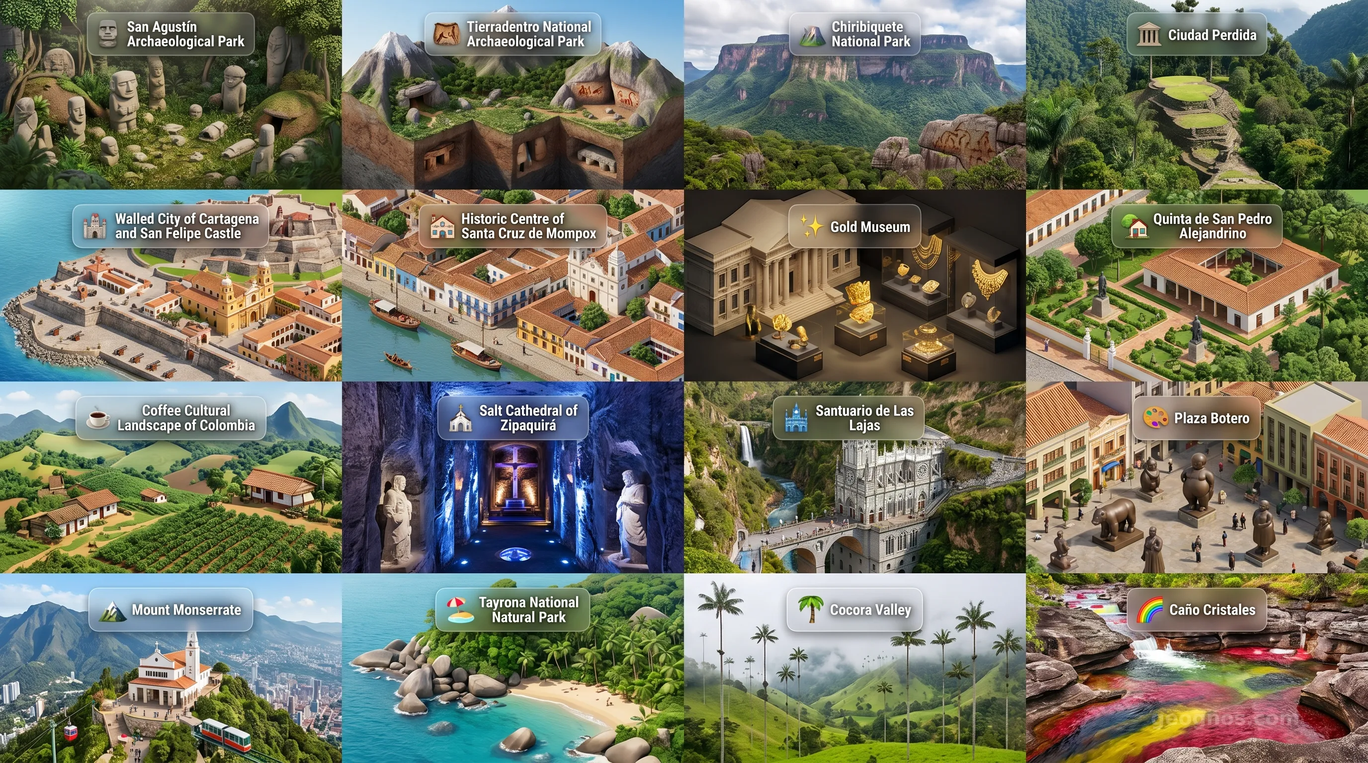 Colombia - Panoramic Places of Interest Atlas including San Agustín Archaeological Park, Tierradentro National Archaeological Park, Chiribiquete National Park, Ciudad Perdida, Walled City of Cartagena and San Felipe Castle, Historic Centre of Santa Cruz de Mompox, Gold Museum, Quinta de San Pedro Alejandrino, Coffee Cultural Landscape of Colombia, Salt Cathedral of Zipaquirá, Santuario de Las Lajas, Plaza Botero, Mount Monserrate, Tayrona National Natural Park, Cocora Valley, Caño Cristales