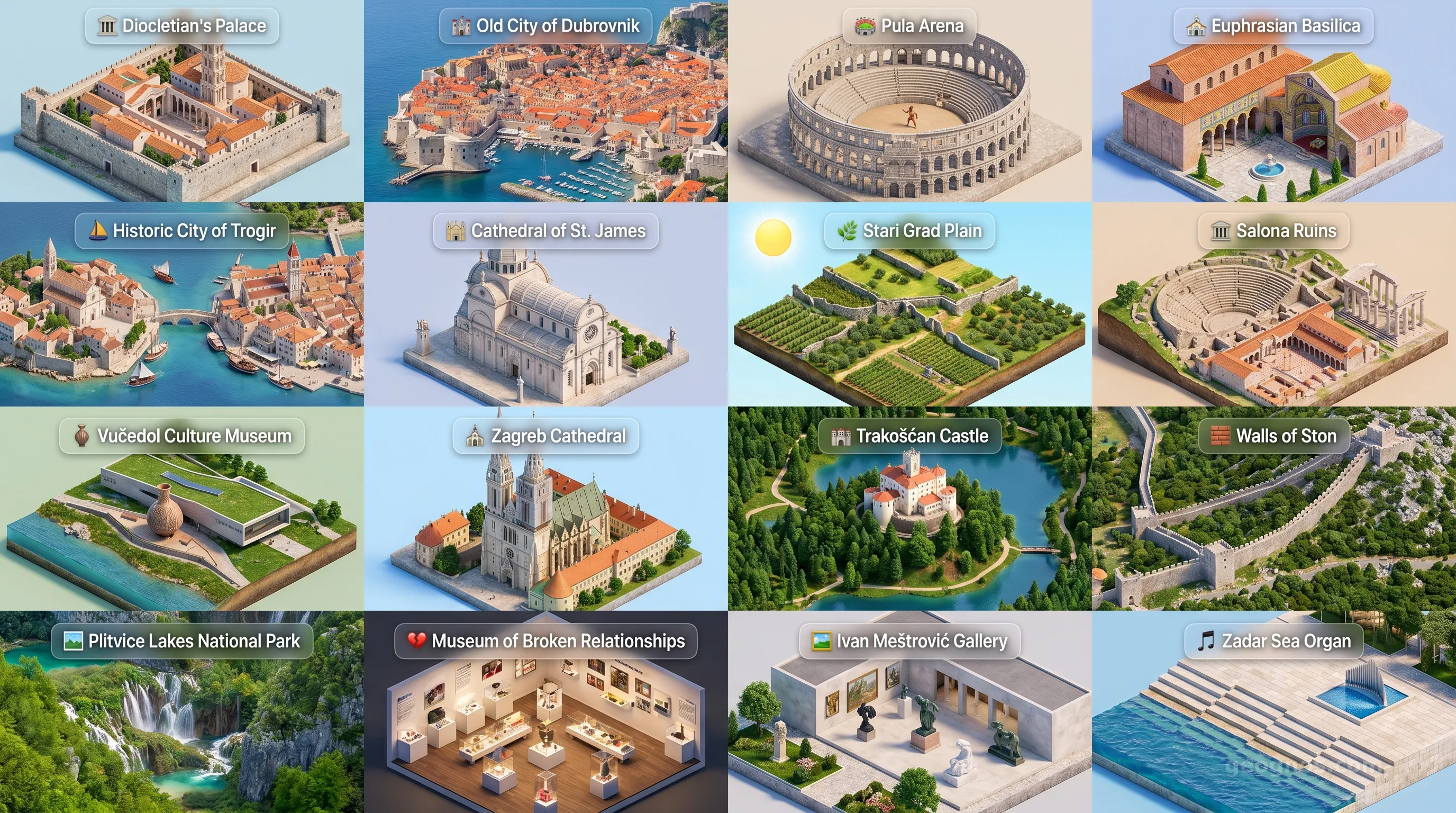 Croatia - Panoramic Places of Interest Atlas including Diocletian's Palace, Old City of Dubrovnik, Pula Arena, Euphrasian Basilica, Historic City of Trogir, Cathedral of St. James, Stari Grad Plain, Salona Ruins, Vučedol Culture Museum, Zagreb Cathedral, Trakošćan Castle, Walls of Ston, Plitvice Lakes National Park, Museum of Broken Relationships, Ivan Meštrović Gallery, Zadar Sea Organ