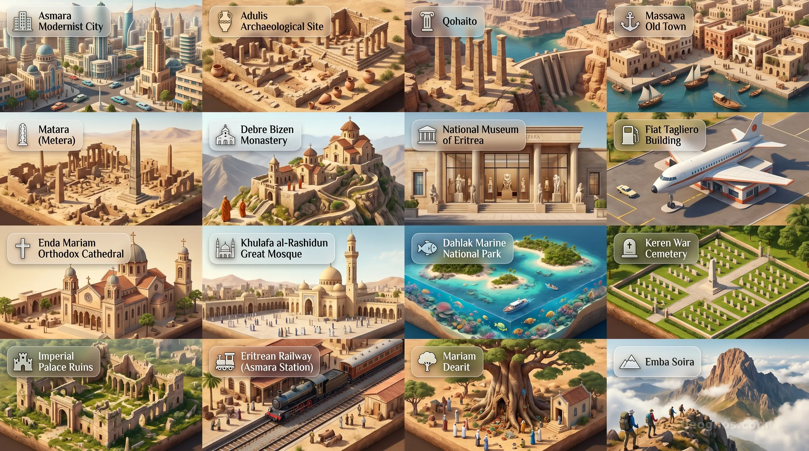 Eritrea - Panoramic Places of Interest Atlas including Asmara Modernist City, Adulis Archaeological Site, Qohaito, Massawa Old Town, Matara (Metera), Debre Bizen Monastery, National Museum of Eritrea, Fiat Tagliero Building, Enda Mariam Orthodox Cathedral, Khulafa al-Rashidun Great Mosque, Dahlak Marine National Park, Keren War Cemetery, Imperial Palace Ruins, Eritrean Railway (Asmara Station), Mariam Dearit, Emba Soira