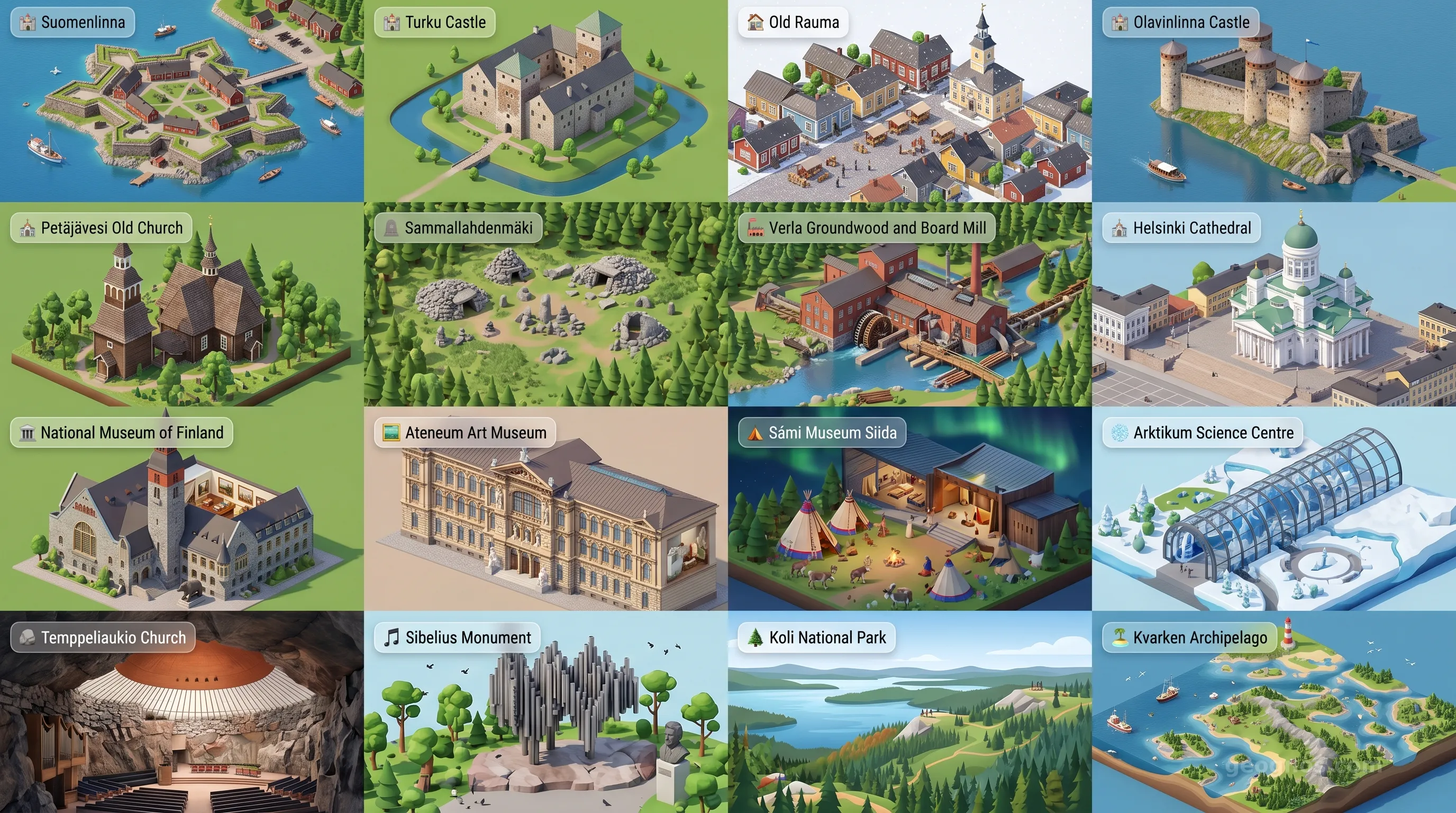 Finland - Panoramic Places of Interest Atlas including Suomenlinna, Turku Castle, Old Rauma, Olavinlinna Castle, Petäjävesi Old Church, Sammallahdenmäki, Verla Groundwood and Board Mill, Helsinki Cathedral, National Museum of Finland, Ateneum Art Museum, Sámi Museum Siida, Arktikum Science Centre, Temppeliaukio Church, Sibelius Monument, Koli National Park, Kvarken Archipelago