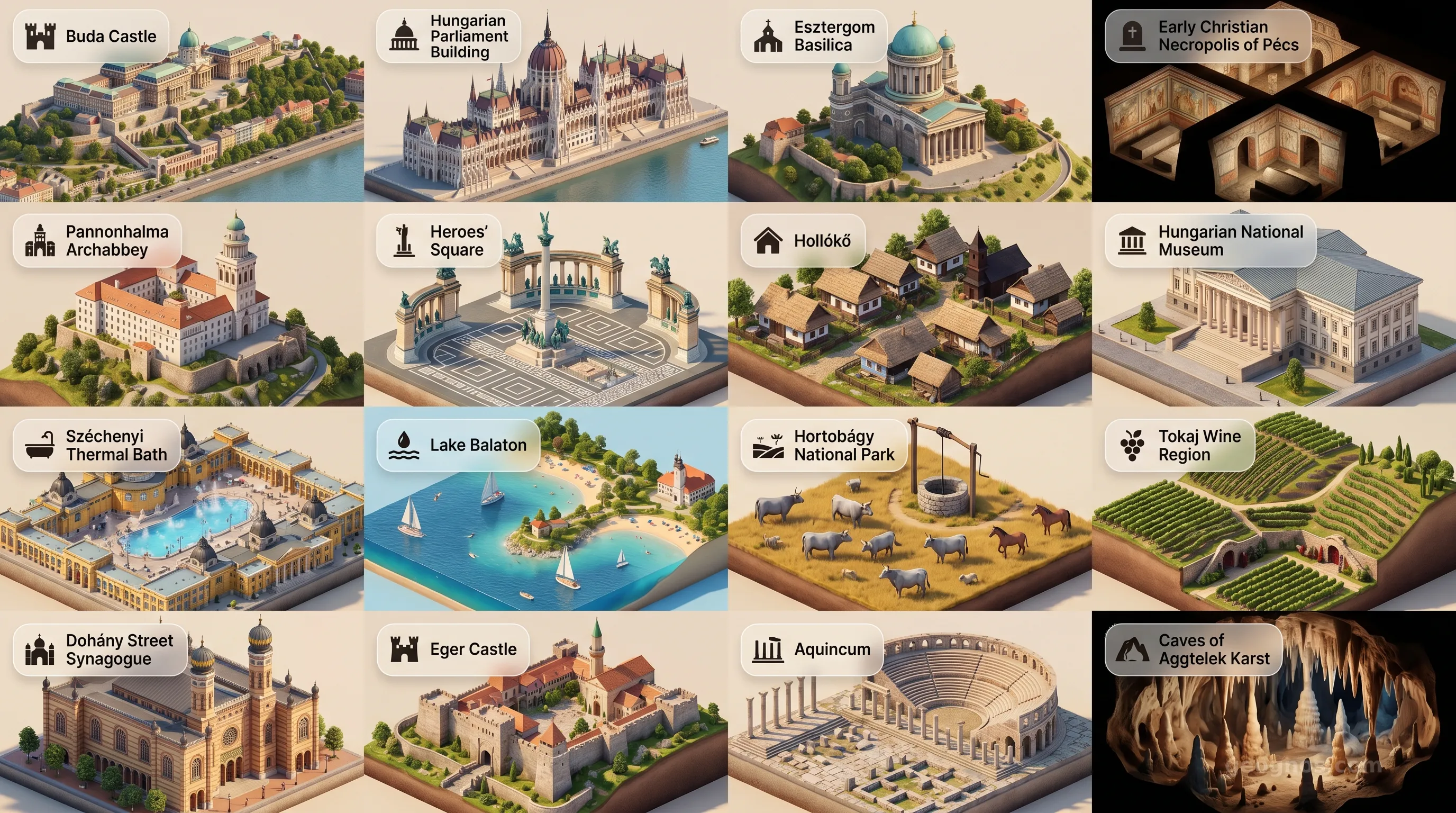 Hungary - Panoramic Places of Interest Atlas including Buda Castle, Hungarian Parliament Building, Esztergom Basilica, Early Christian Necropolis of Pécs, Pannonhalma Archabbey, Heroes' Square, Hollókő, Hungarian National Museum, Széchenyi Thermal Bath, Lake Balaton, Hortobágy National Park, Tokaj Wine Region Historic Cultural Landscape, Dohány Street Synagogue, Eger Castle, Aquincum, Caves of Aggtelek Karst