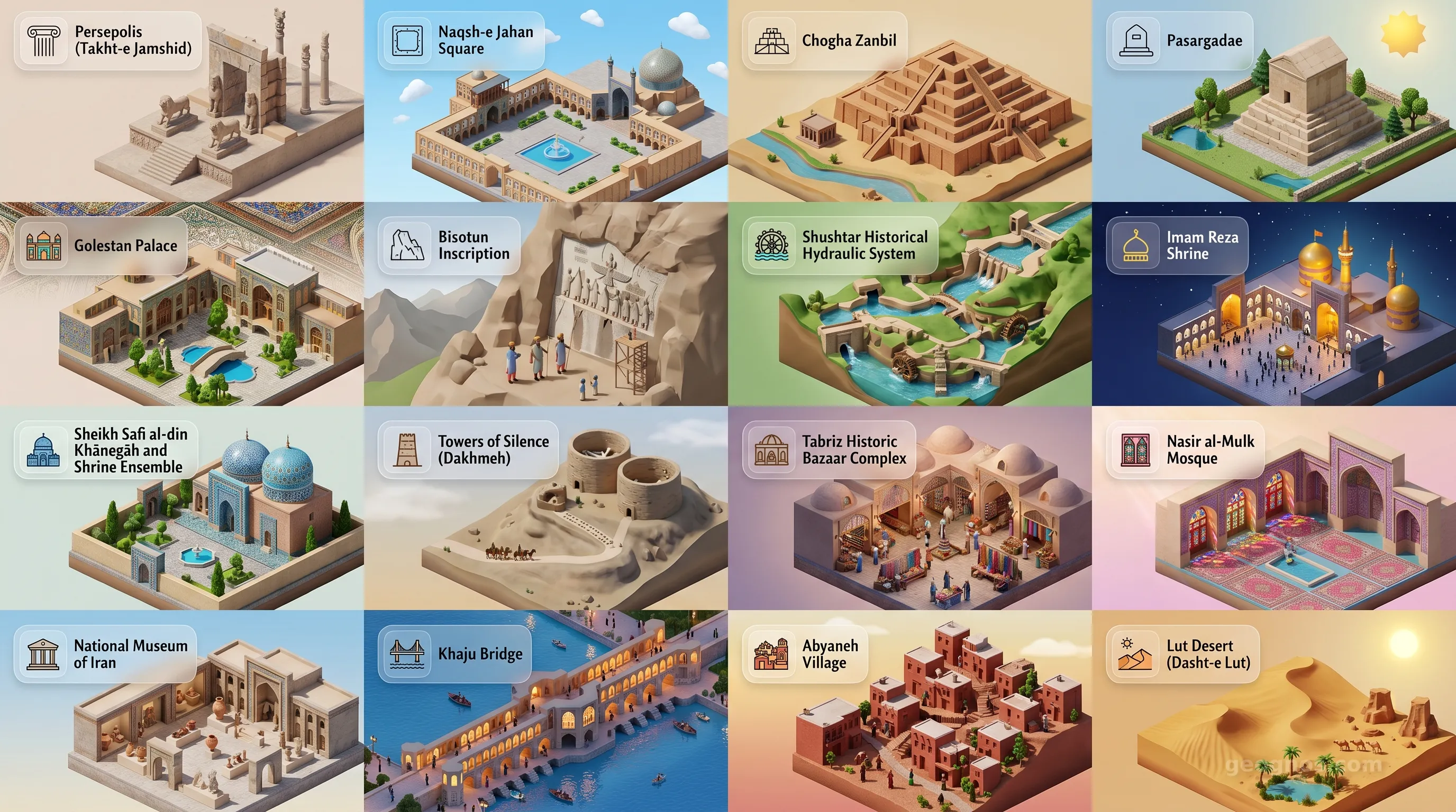 Iran - Panoramic Places of Interest Atlas including Persepolis (Takht-e Jamshid), Naqsh-e Jahan Square, Chogha Zanbil, Pasargadae, Golestan Palace, Bisotun Inscription, Shushtar Historical Hydraulic System, Imam Reza Shrine, Sheikh Safi al-din Khānegāh and Shrine Ensemble, Towers of Silence (Dakhmeh), Tabriz Historic Bazaar Complex, Nasir al-Mulk Mosque, National Museum of Iran, Khaju Bridge, Abyaneh Village, Lut Desert (Dasht-e Lut)