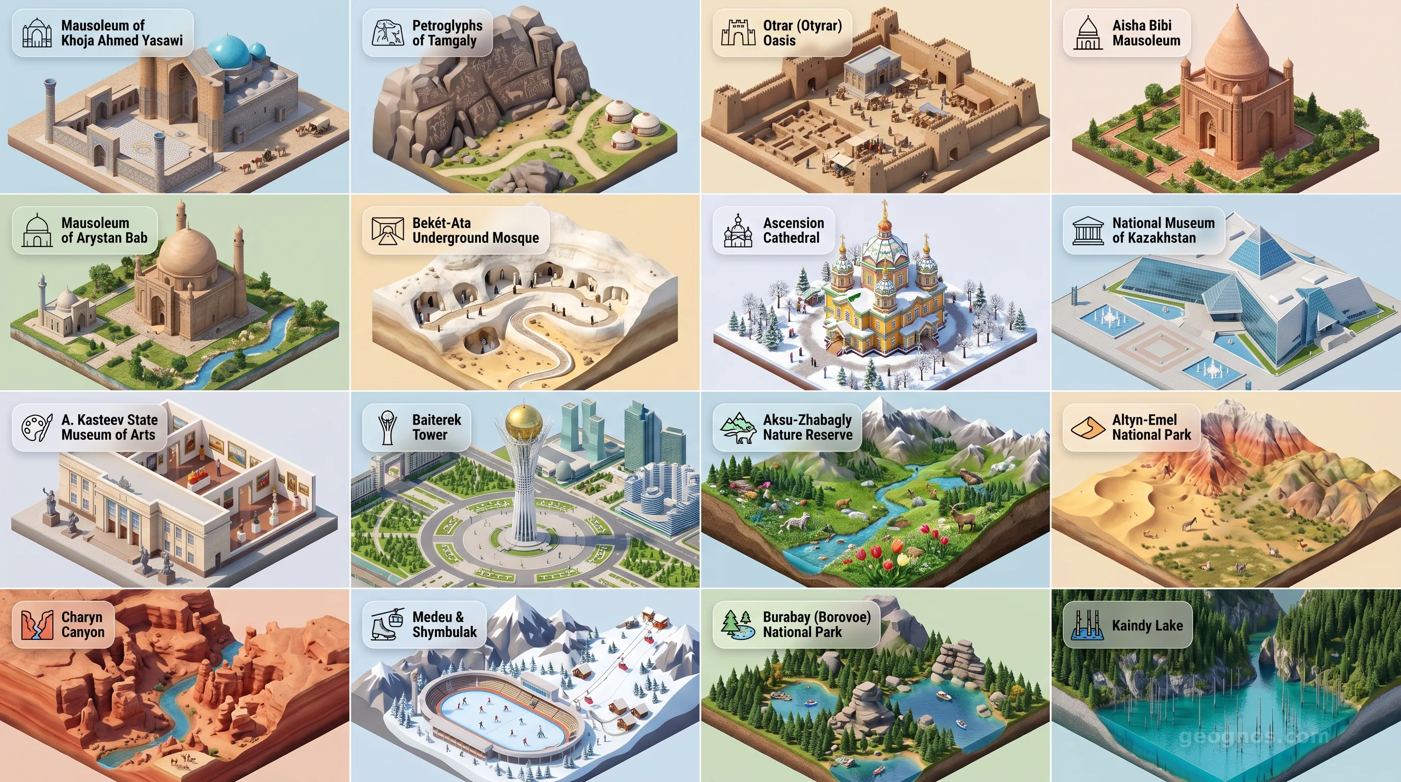 Kazakhstan - Panoramic Places of Interest Atlas including Mausoleum of Khoja Ahmed Yasawi, Petroglyphs of the Archaeological Landscape of Tamgaly, Otrar (Otyrar) Oasis, Aisha Bibi Mausoleum, Mausoleum of Arystan Bab, Bekét-Ata Underground Mosque, Ascension Cathedral (Zenkov Cathedral), National Museum of the Republic of Kazakhstan, A. Kasteev State Museum of Arts, Baiterek Tower, Aksu-Zhabagly Nature Reserve, Altyn-Emel National Park, Charyn Canyon, Medeu Skating Rink and Shymbulak, Burabay (Borovoe) National Park, Kaindy Lake