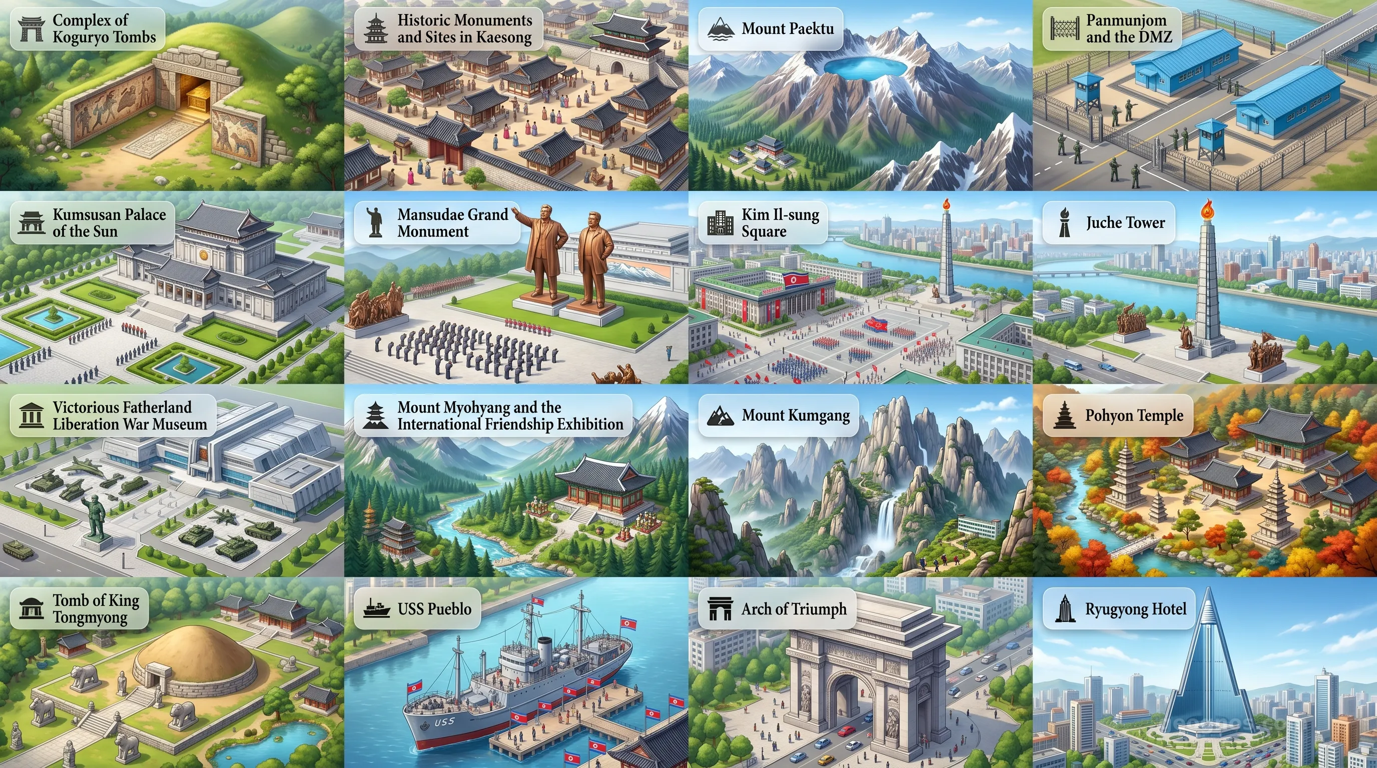 Korea, North - Panoramic Places of Interest Atlas including Complex of Koguryo Tombs, Historic Monuments and Sites in Kaesong, Mount Paektu, Panmunjom and the DMZ, Kumsusan Palace of the Sun, Mansudae Grand Monument, Kim Il-sung Square, Juche Tower, Victorious Fatherland Liberation War Museum, Mount Myohyang and the International Friendship Exhibition, Mount Kumgang, Pohyon Temple, Tomb of King Tongmyong, USS Pueblo, Arch of Triumph, Ryugyong Hotel