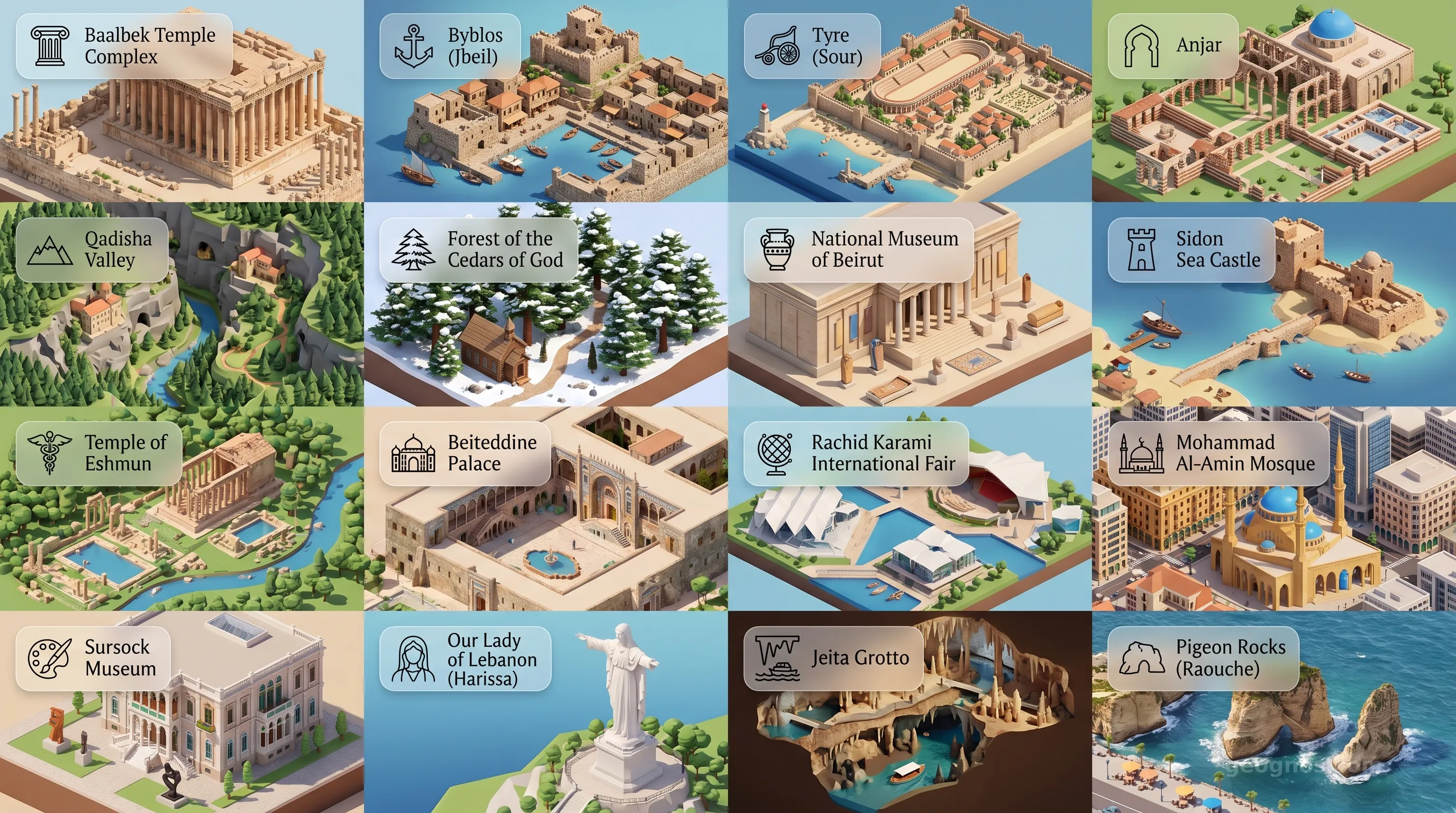 Lebanon - Panoramic Places of Interest Atlas including Baalbek Temple Complex, Byblos (Jbeil), Tyre (Sour), Anjar, Qadisha Valley, Forest of the Cedars of God, National Museum of Beirut, Sidon Sea Castle, Temple of Eshmun, Beiteddine Palace, Rachid Karami International Fair, Mohammad Al-Amin Mosque, Sursock Museum, Our Lady of Lebanon (Harissa), Jeita Grotto, Pigeon Rocks (Raouche)
