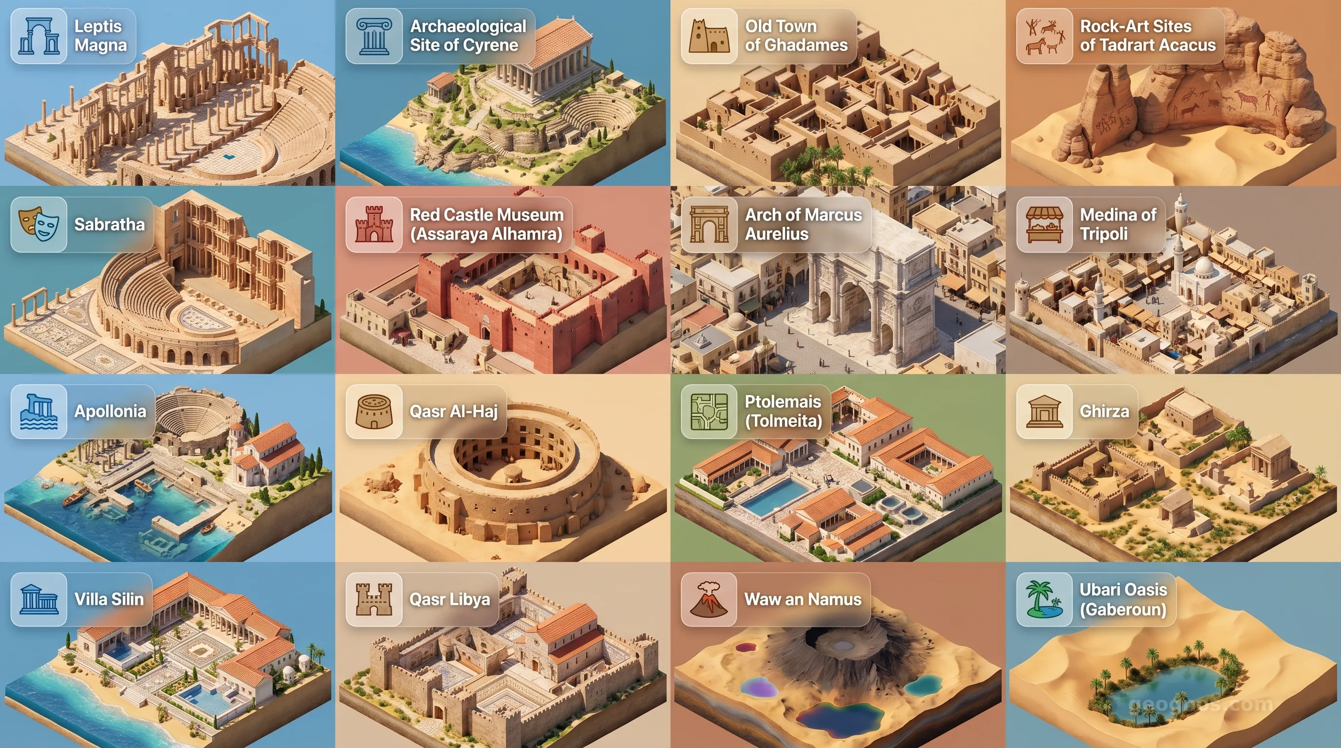 Libya - Panoramic Places of Interest Atlas including Leptis Magna, Archaeological Site of Cyrene, Old Town of Ghadames, Rock-Art Sites of Tadrart Acacus, Sabratha, Red Castle Museum (Assaraya Alhamra), Arch of Marcus Aurelius, Medina of Tripoli, Apollonia, Qasr Al-Haj, Ptolemais (Tolmeita), Ghirza, Villa Silin, Qasr Libya, Waw an Namus, Ubari Oasis (Gaberoun)