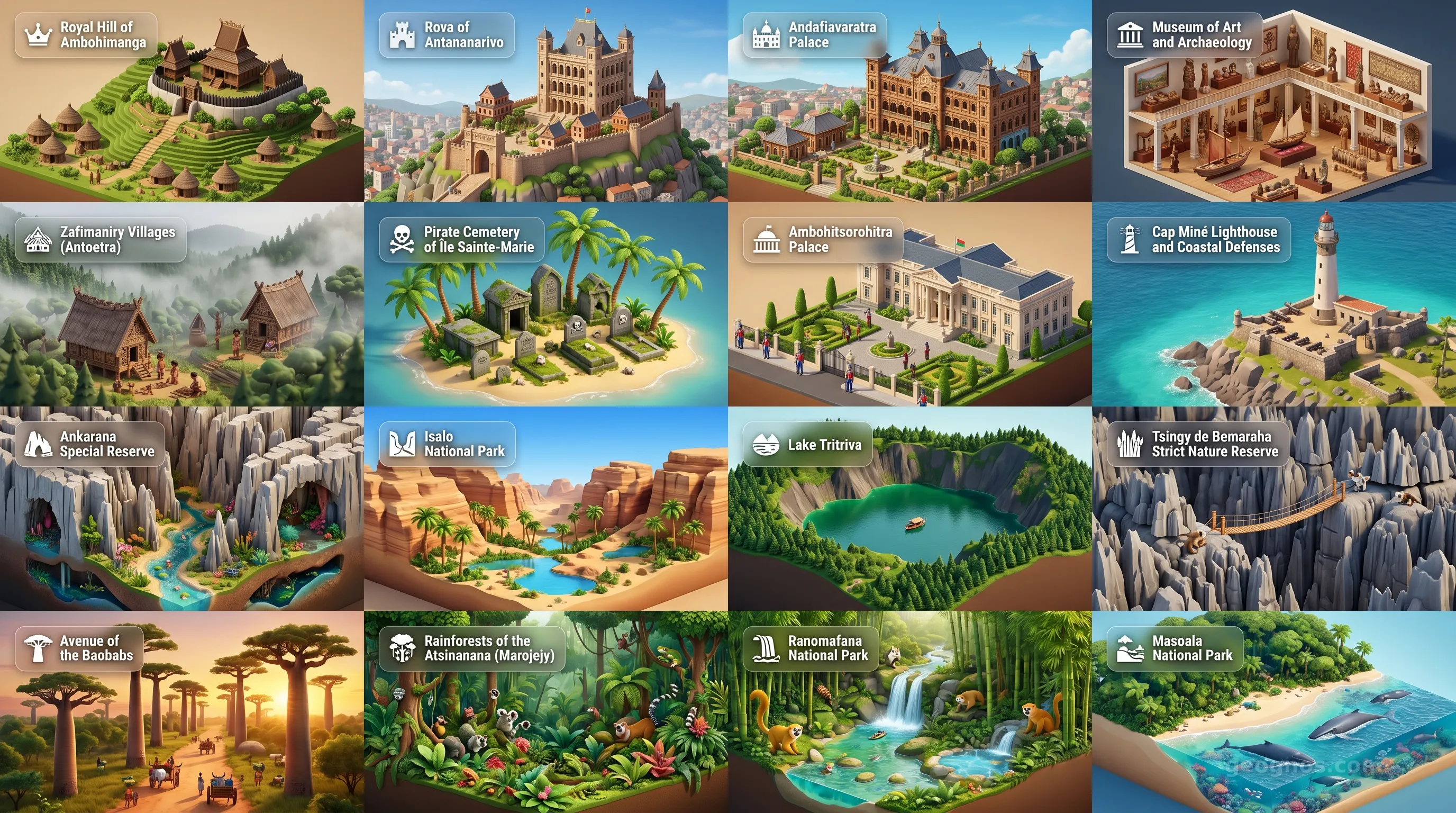 Madagascar - Panoramic Places of Interest Atlas including Royal Hill of Ambohimanga, Rova of Antananarivo, Andafiavaratra Palace, Museum of Art and Archaeology, Zafimaniry Villages (Antoetra), Pirate Cemetery of Île Sainte-Marie, Ambohitsorohitra Palace, Cap Miné Lighthouse and Coastal Defenses, Ankarana Special Reserve, Isalo National Park, Lake Tritriva, Tsingy de Bemaraha Strict Nature Reserve, Avenue of the Baobabs, Rainforests of the Atsinanana (Marojejy), Ranomafana National Park, Masoala National Park