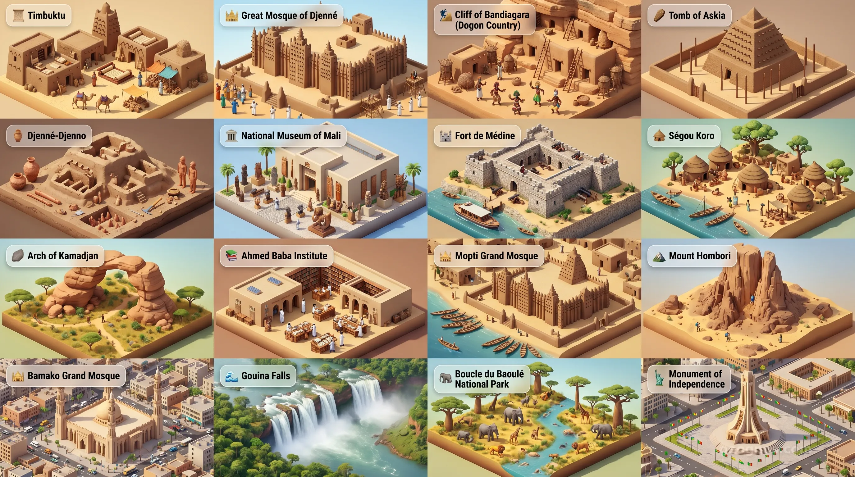 Mali - Panoramic Places of Interest Atlas including Timbuktu, Great Mosque of Djenné, Cliff of Bandiagara (Dogon Country), Tomb of Askia, Djenné-Djenno, National Museum of Mali, Fort de Médine, Ségou Koro, Arch of Kamadjan, Ahmed Baba Institute, Mopti Grand Mosque, Mount Hombori, Bamako Grand Mosque, Gouina Falls, Boucle du Baoulé National Park, Monument of Independence