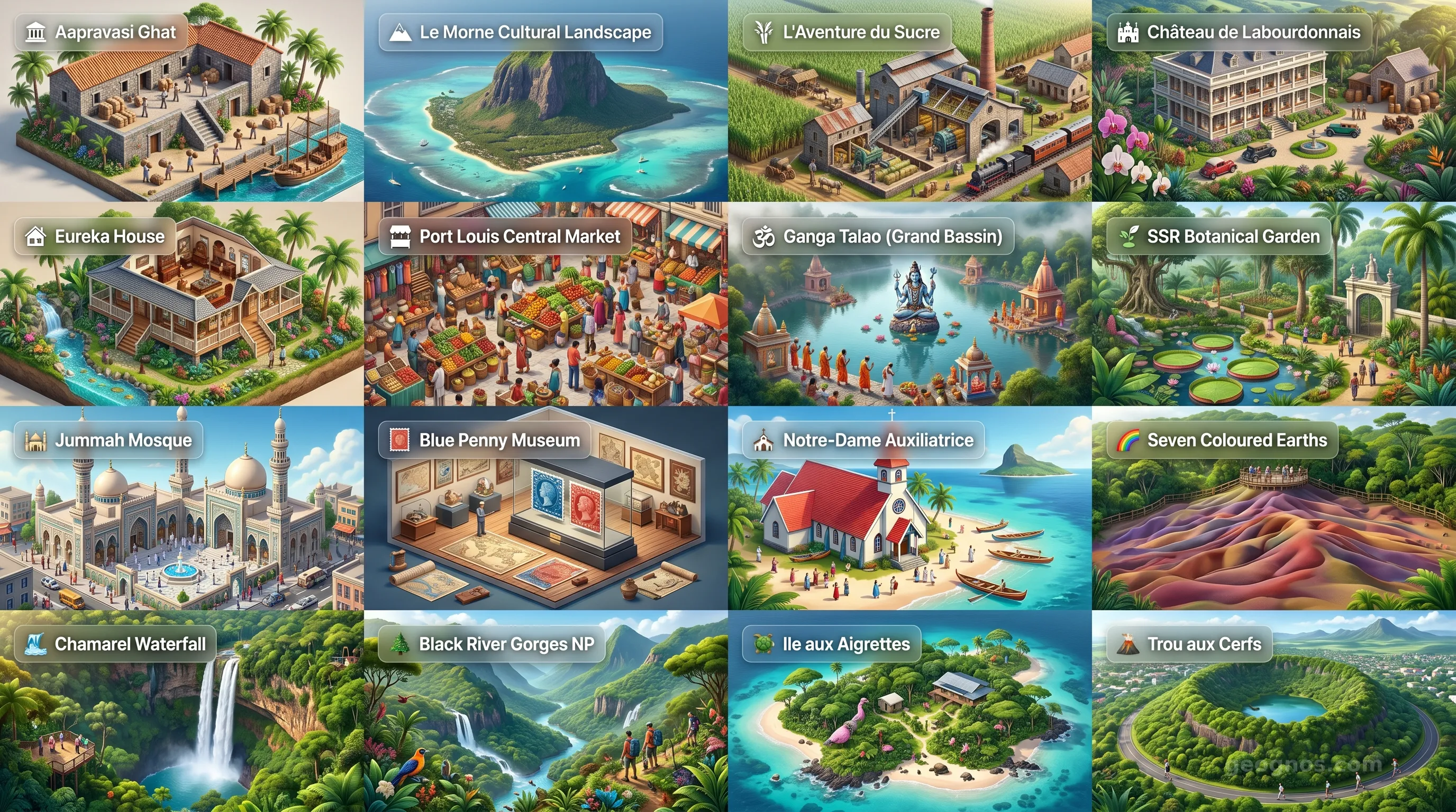 Mauritius - Panoramic Places of Interest Atlas including Aapravasi Ghat, Le Morne Cultural Landscape, L'Aventure du Sucre, Château de Labourdonnais, Eureka House, Port Louis Central Market, Ganga Talao (Grand Bassin), Sir Seewoosagur Ramgoolam Botanical Garden, Jummah Mosque, Blue Penny Museum, Notre-Dame Auxiliatrice (Cap Malheureux), Seven Coloured Earths of Chamarel, Chamarel Waterfall, Black River Gorges National Park, Ile aux Aigrettes, Trou aux Cerfs