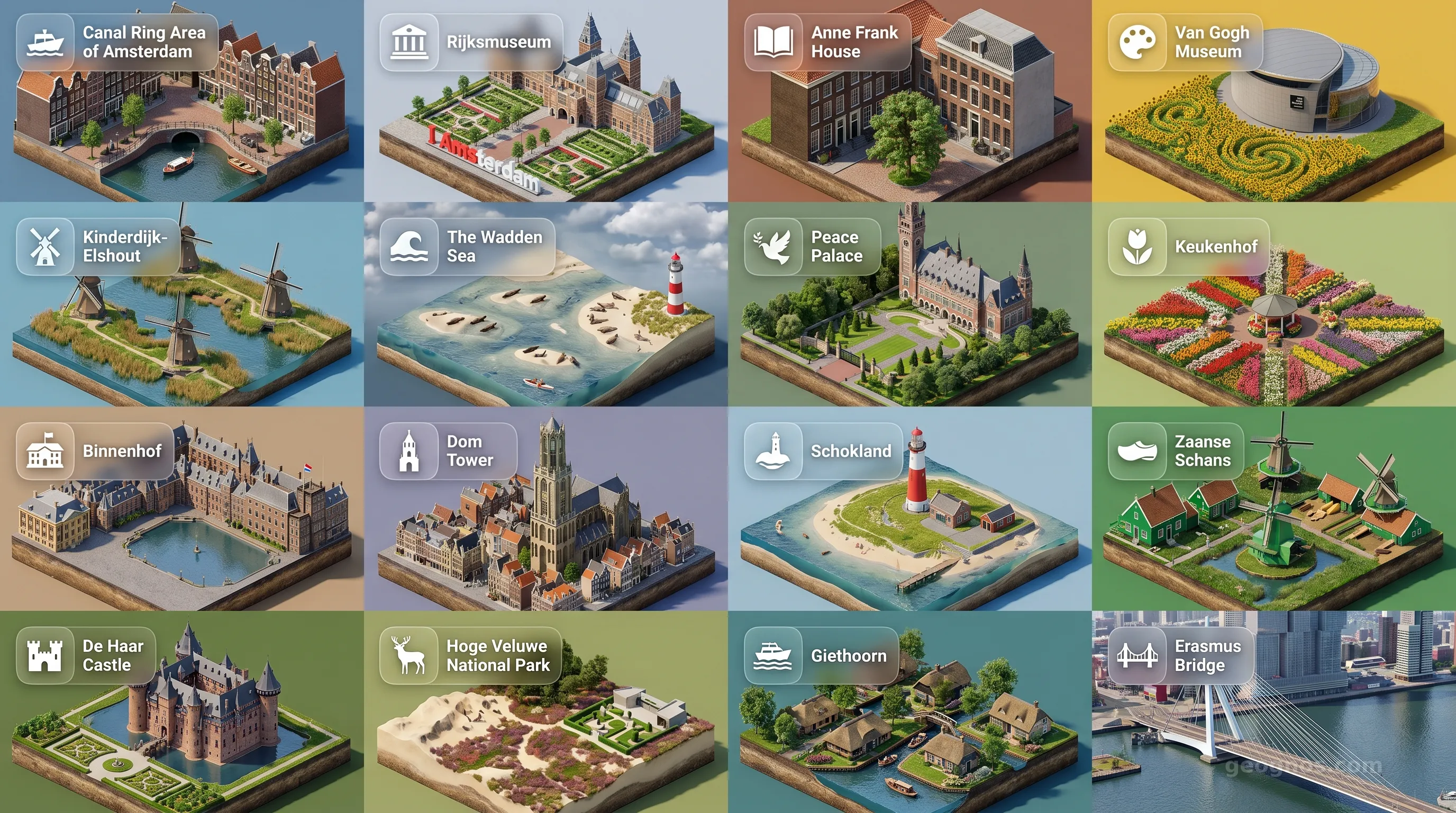 Netherlands - Panoramic Places of Interest Atlas including Seventeenth-Century Canal Ring Area of Amsterdam, Rijksmuseum, Anne Frank House, Mill Network at Kinderdijk-Elshout, Binnenhof, The Wadden Sea, Peace Palace, Delta Works, Schokland and Surroundings, Valkhof Park, Van Gogh Museum, Mauritshuis, Dom Tower, Zaanse Schans, Caves of Mount St. Pieter, De Haar Castle