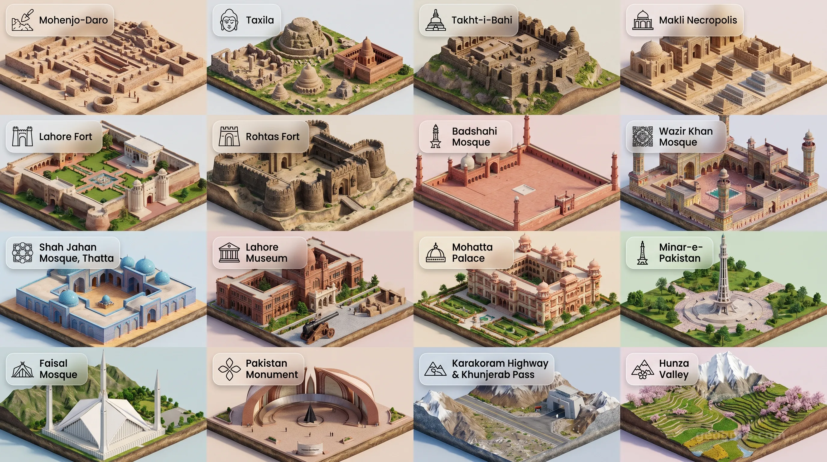 Pakistan - Panoramic Places of Interest Atlas including Mohenjo-Daro, Taxila, Takht-i-Bahi, Makli Necropolis, Lahore Fort, Rohtas Fort, Badshahi Mosque, Wazir Khan Mosque, Shah Jahan Mosque, Thatta, Lahore Museum, Mohatta Palace, Minar-e-Pakistan, Faisal Mosque, Pakistan Monument, Karakoram Highway & Khunjerab Pass, Hunza Valley