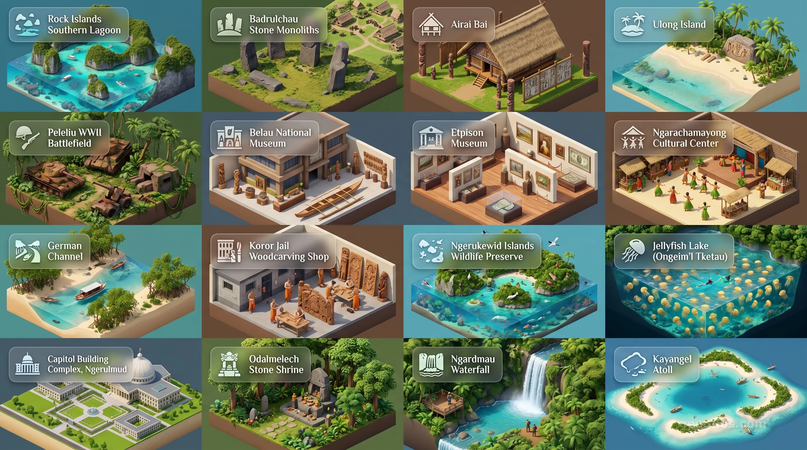 Palau - Panoramic Places of Interest Atlas including Rock Islands Southern Lagoon, Badrulchau Stone Monoliths, Airai Bai, Ulong Island, Peleliu WWII Battlefield, Belau National Museum, Etpison Museum, Ngarachamayong Cultural Center, German Channel, Koror Jail Woodcarving Shop, Ngerukewid Islands Wildlife Preserve, Jellyfish Lake (Ongeim'l Tketau), Capitol Building Complex, Ngerulmud, Odalmelech Stone Shrine, Ngardmau Waterfall, Kayangel Atoll