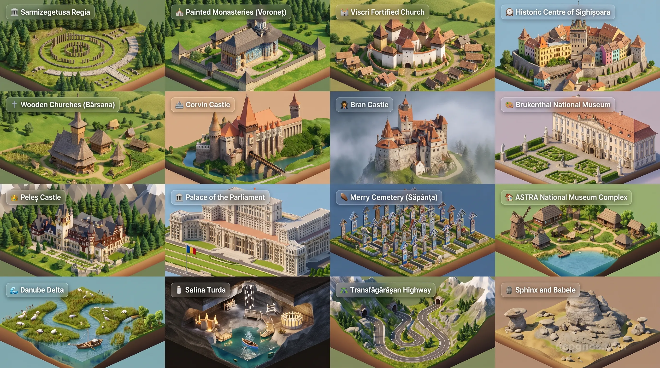 Romania - Panoramic Places of Interest Atlas including Sarmizegetusa Regia, Painted Monasteries of Bucovina (Voroneț), Viscri Fortified Church, Historic Centre of Sighișoara, Wooden Churches of Maramureș (Bârsana), Corvin Castle, Bran Castle, Brukenthal National Museum, Peleș Castle, Palace of the Parliament, Merry Cemetery (Săpânța), ASTRA National Museum Complex, Danube Delta, Salina Turda, Transfăgărășan Highway, Sphinx and Babele