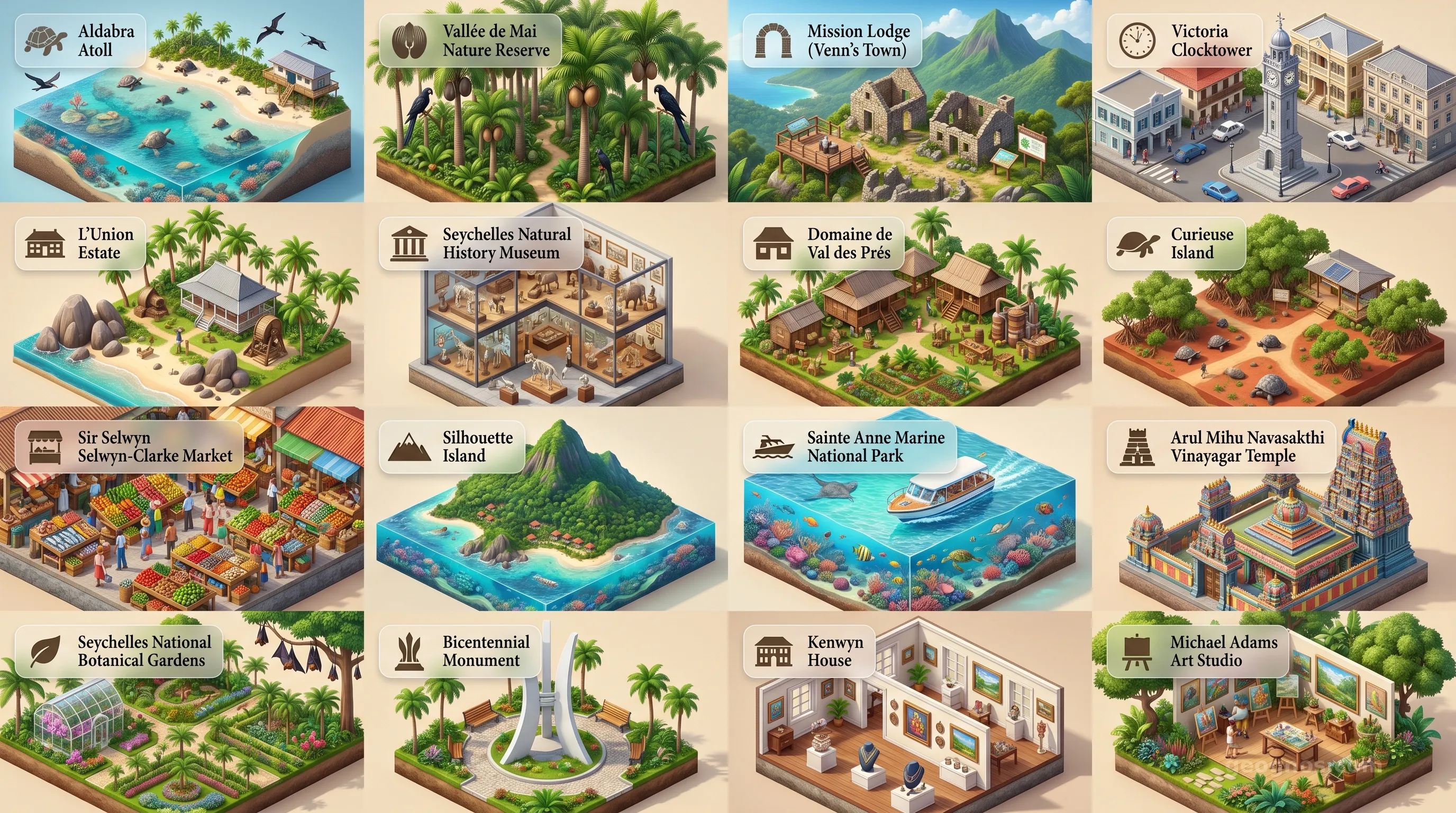 Seychelles - Panoramic Places of Interest Atlas including Aldabra Atoll, Vallée de Mai Nature Reserve, Mission Lodge (Venn's Town), Victoria Clocktower, L'Union Estate, Seychelles Natural History Museum, Domaine de Val des Prés, Curieuse Island, Sir Selwyn Selwyn-Clarke Market, Silhouette Island, Sainte Anne Marine National Park, Arul Mihu Navasakthi Vinayagar Temple, Seychelles National Botanical Gardens, Bicentennial Monument, Kenwyn House, Michael Adams Art Studio