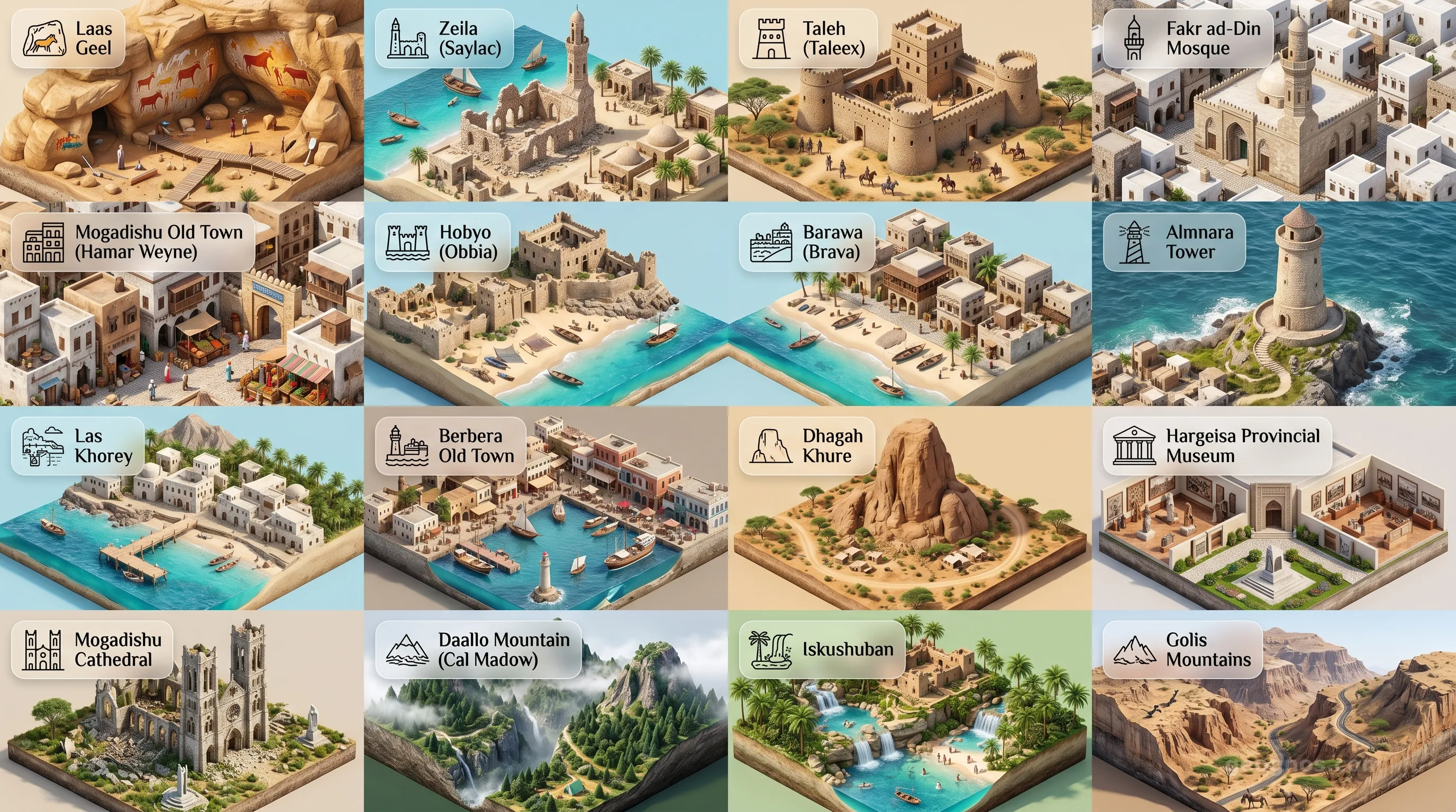 Somalia - Panoramic Places of Interest Atlas including Laas Geel, Zeila (Saylac), Taleh (Taleex), Fakr ad-Din Mosque, Mogadishu Old Town (Hamar Weyne), Hobyo (Obbia), Barawa (Brava), Almnara Tower, Las Khorey, Berbera Old Town, Dhagah Khure, Hargeisa Provincial Museum, Mogadishu Cathedral (Ruins), Daallo Mountain (Cal Madow), Iskushuban, Golis Mountains