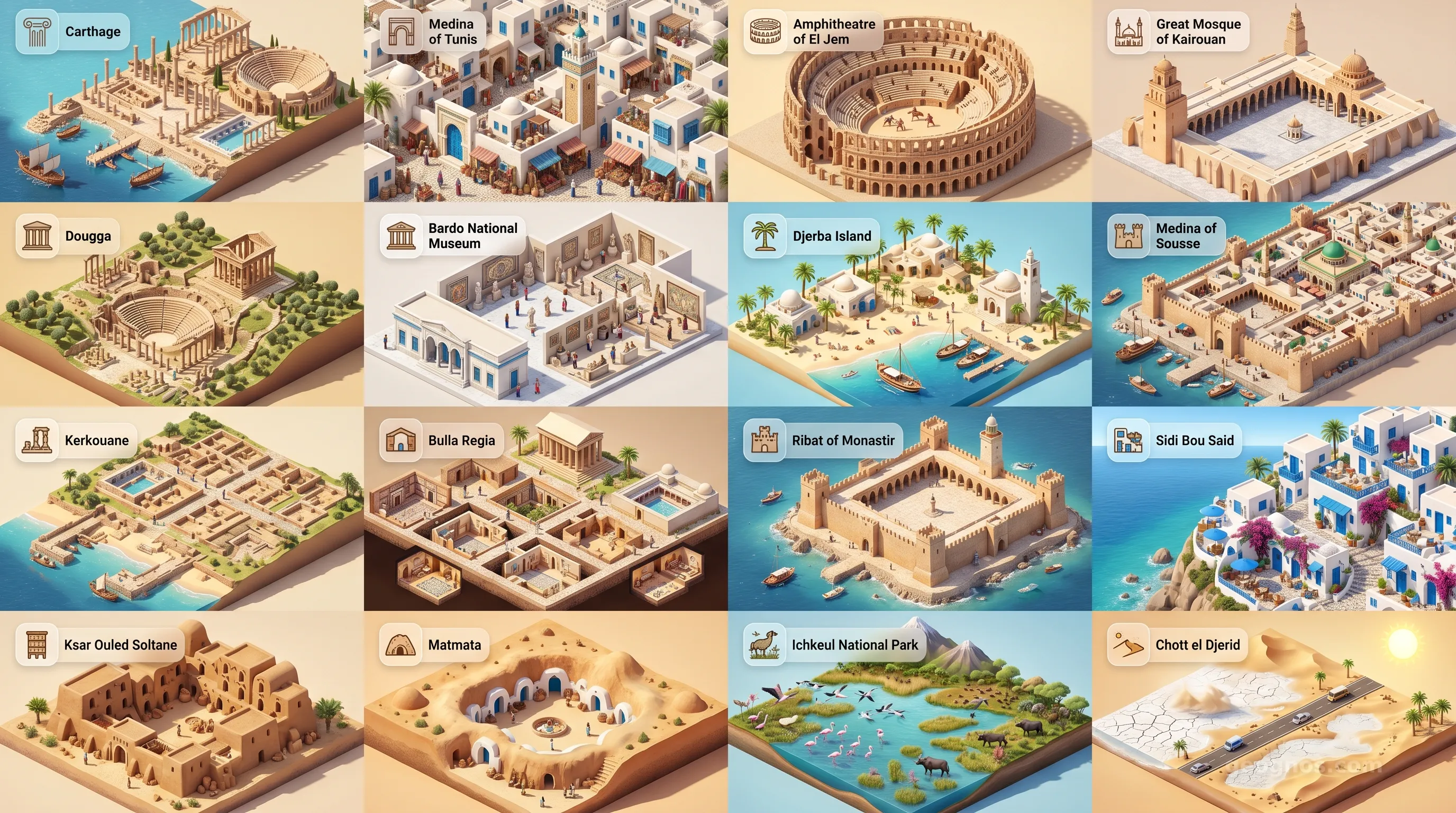Tunisia - Panoramic Places of Interest Atlas including Carthage, Medina of Tunis, Amphitheatre of El Jem, Great Mosque of Kairouan, Dougga, Bardo National Museum, Djerba Island, Medina of Sousse, Kerkouane, Bulla Regia, Ribat of Monastir, Sidi Bou Said, Ksar Ouled Soltane, Matmata, Ichkeul National Park, Chott el Djerid
