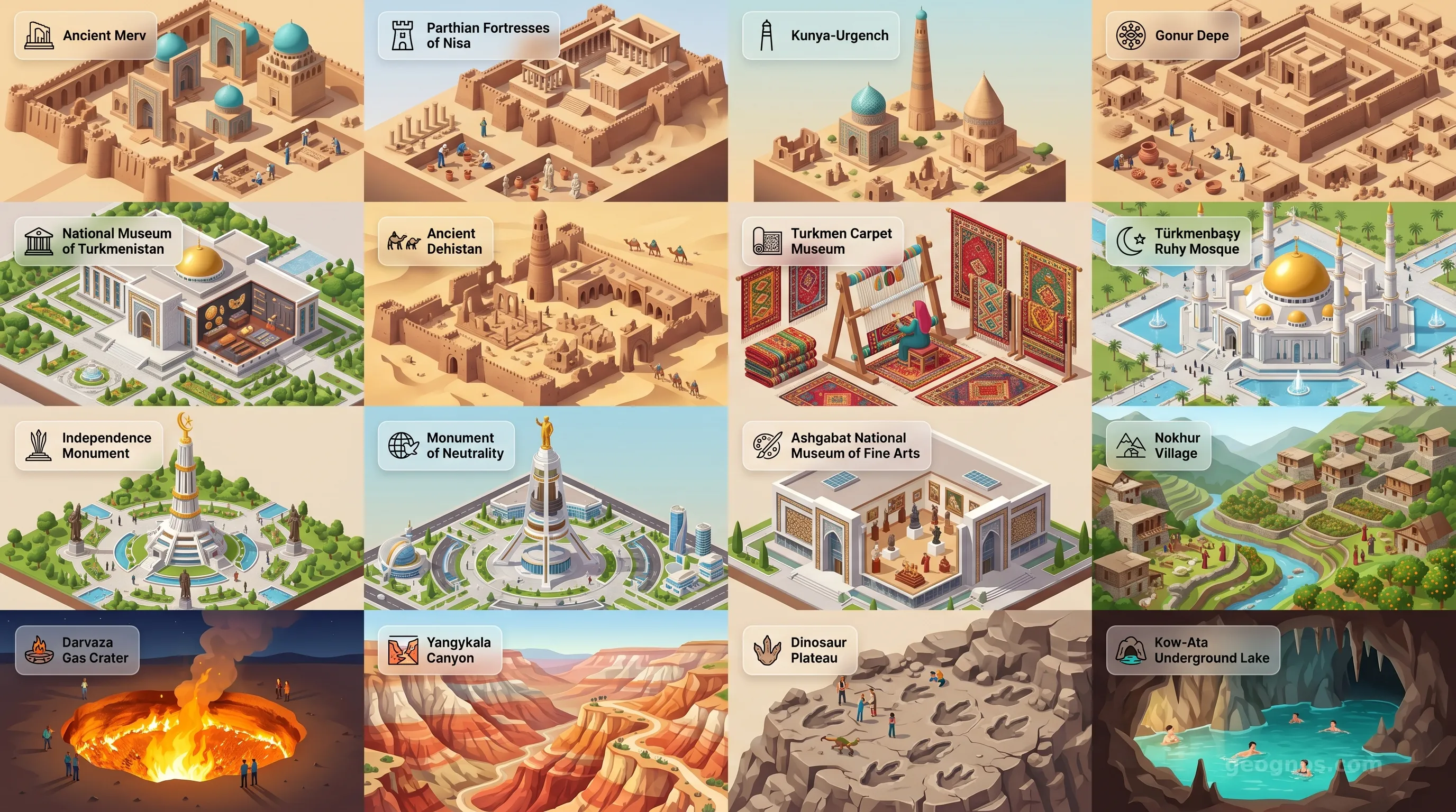 Turkmenistan - Panoramic Places of Interest Atlas including Ancient Merv, Parthian Fortresses of Nisa, Kunya-Urgench, Gonur Depe, National Museum of Turkmenistan, Ancient Dehistan, Turkmen Carpet Museum, Türkmenbaşy Ruhy Mosque, Independence Monument, Monument of Neutrality, Ashgabat National Museum of Fine Arts, Nokhur Village, Darvaza Gas Crater, Yangykala Canyon, Dinosaur Plateau, Kow-Ata Underground Lake